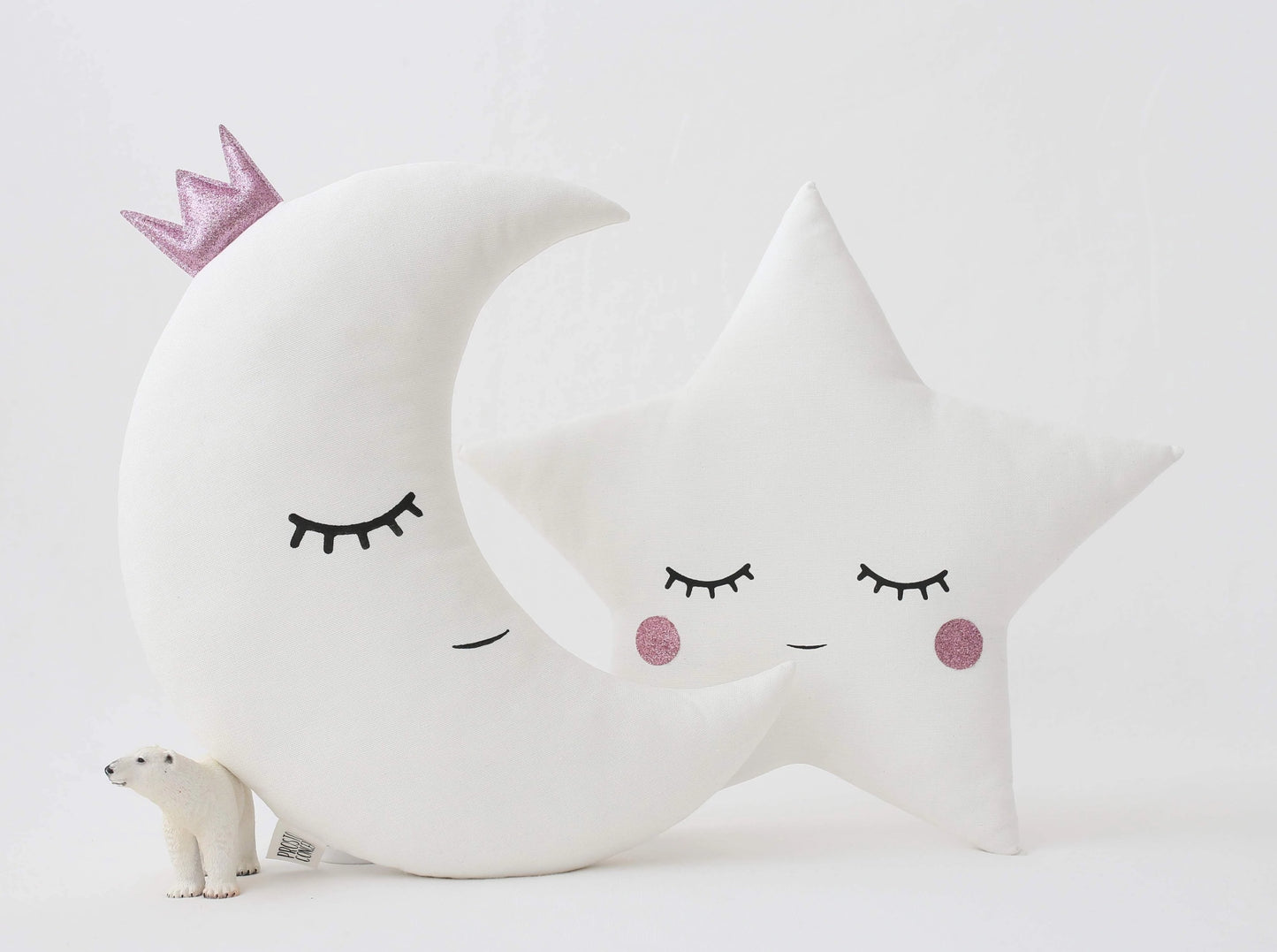 Set of 2 White Pillows - Crescent Moon and Star Pillows with Pink Touch