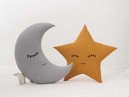 Set of 2 Pillows - Gray Crescent Moon Pillow and Mustard Star Pillow