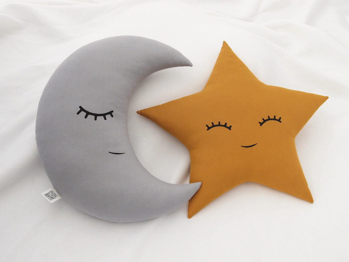 Set of 2 Pillows - Gray Crescent Moon Pillow and Mustard Star Pillow