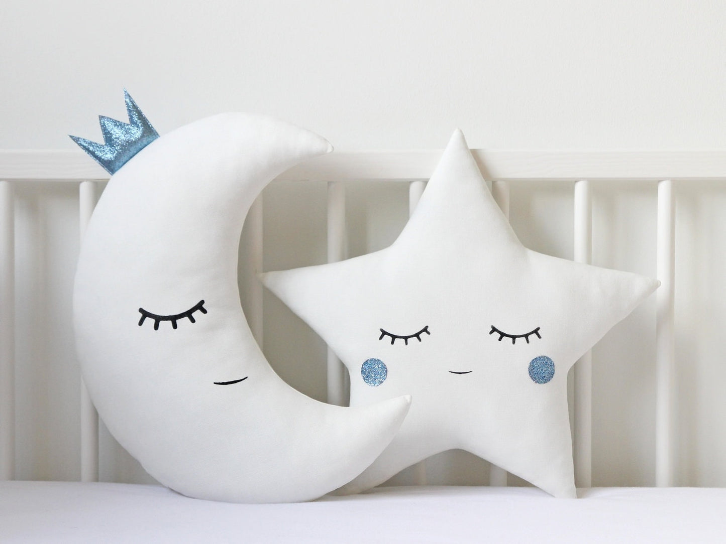 Set of 2 White Pillows - Crescent Moon and Star Pillows with Blue Touch