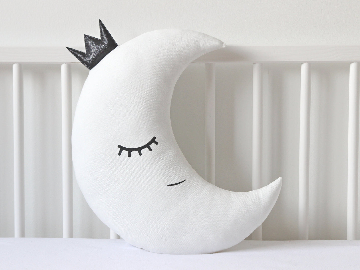 Set of 2 White Pillows - Crescent Moon and Star Pillows with Black Glitter Touch