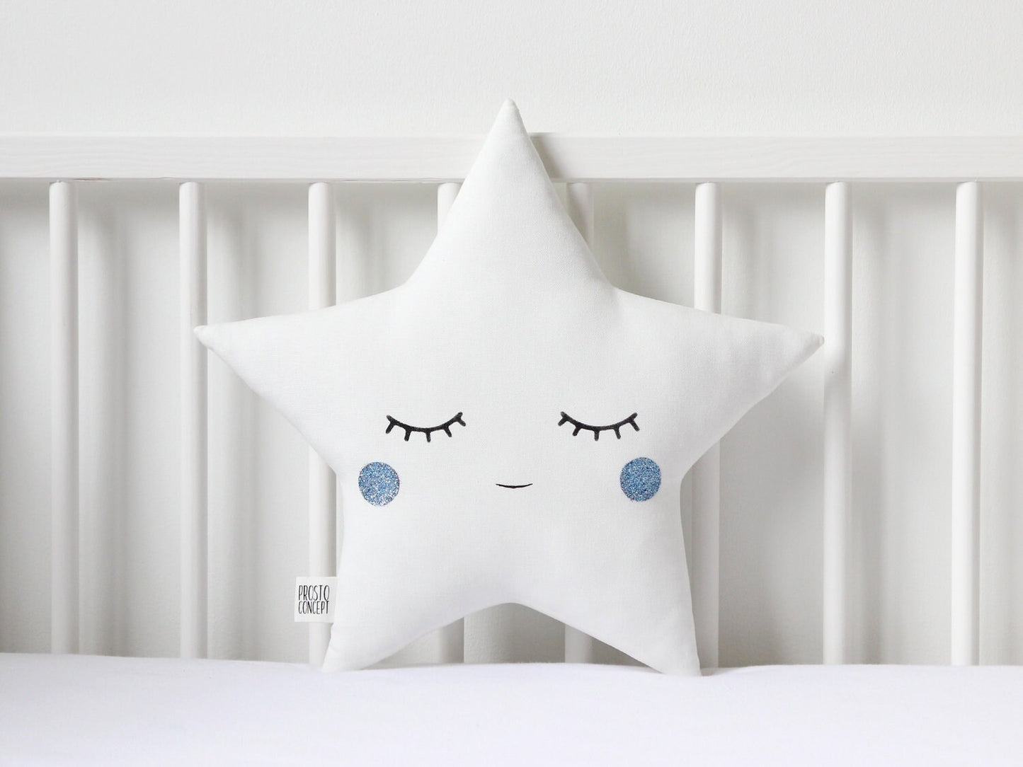 Set of 2 White Pillows - Crescent Moon and Star Pillows with Blue Touch