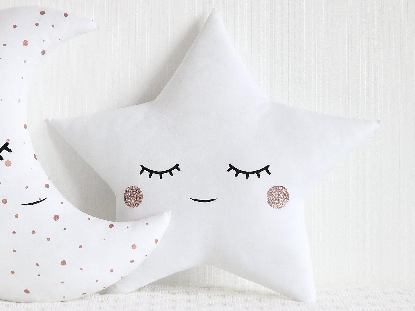 Set of 2 White Pillows - Crescent Moon and Star Pillows with Rose Golden Touch