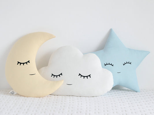 Set of 3 Pillows - White Cloud, Pastel Yellow Crescent Moon And Light Blue Star Pillows