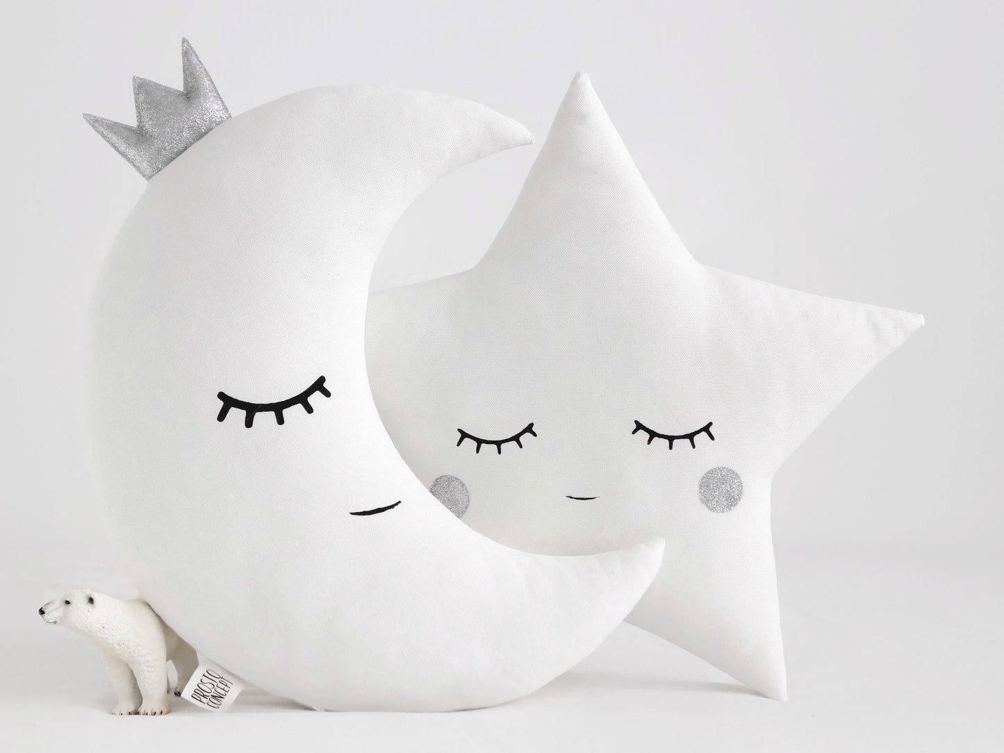 Set of 2 White Pillows - Crescent Moon and Star Pillows with Glitter Touch (5 colors)