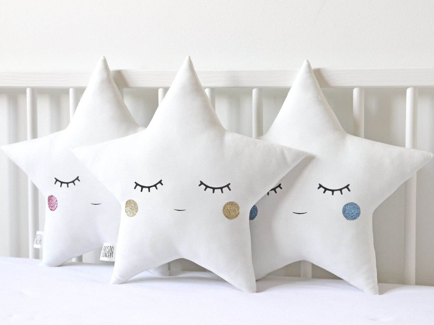 Set of 2 White Pillows - Crescent Moon and Star Pillows with Glitter Touch (5 colors)