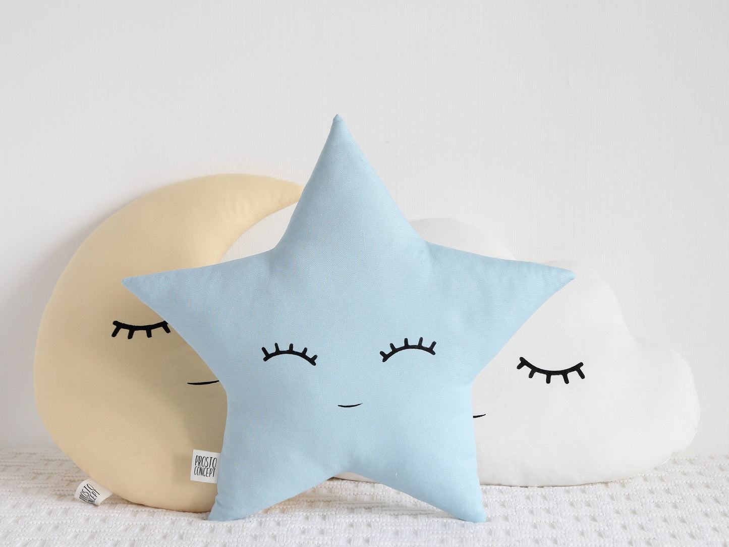 Set of 3 Pillows - White Cloud, Pastel Yellow Crescent Moon And Light Blue Star Pillows