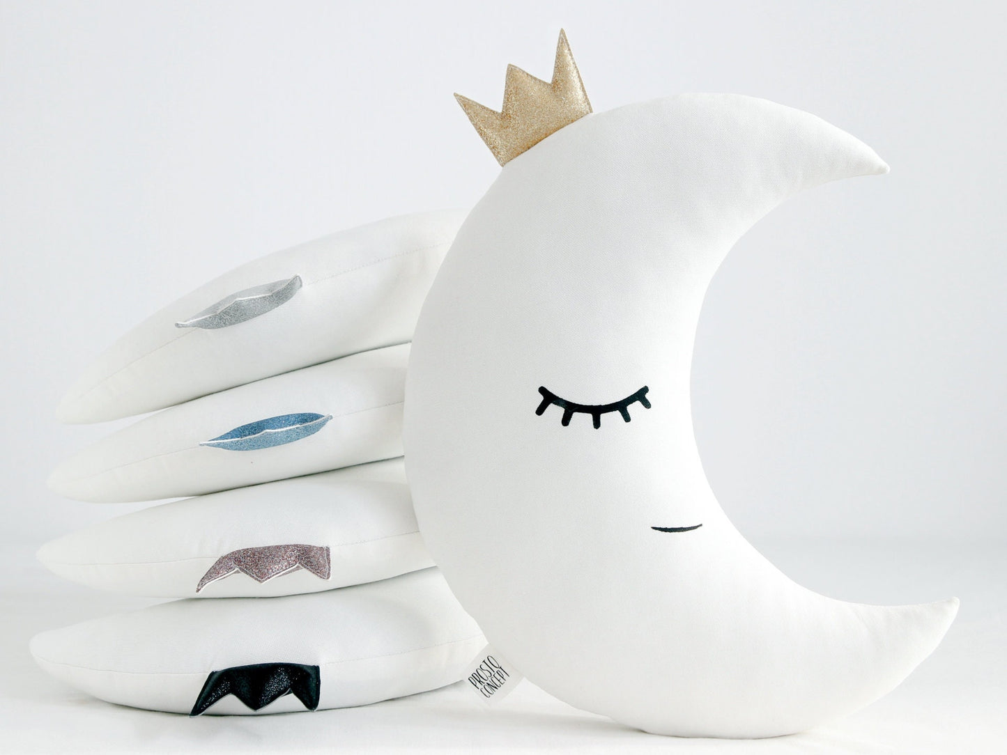 White Crescent Moon Pillow with Crown or Star