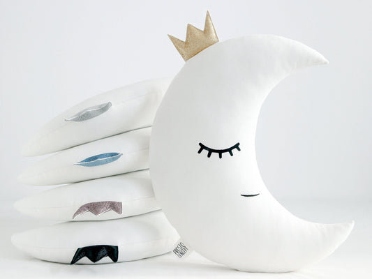 White Crescent Moon Pillow with Crown or Star