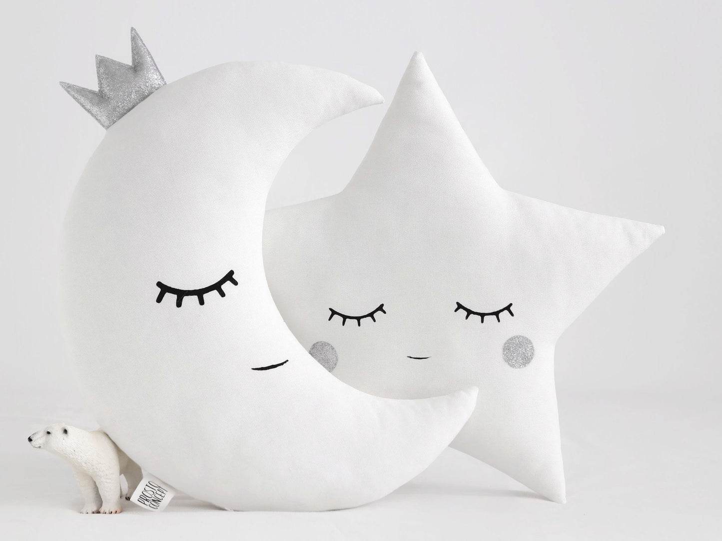 Set of 2 White Pillows - Crescent Moon and Star Pillows with Silver Touch