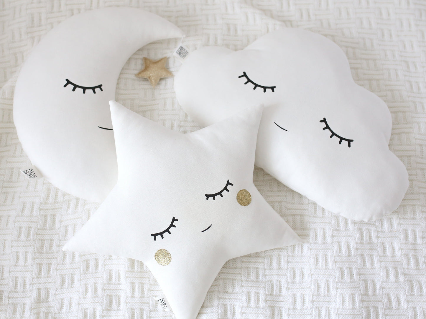 Set of 3 White Pillows - Cloud, Crescent Moon and Star Pillows with Golden Touch
