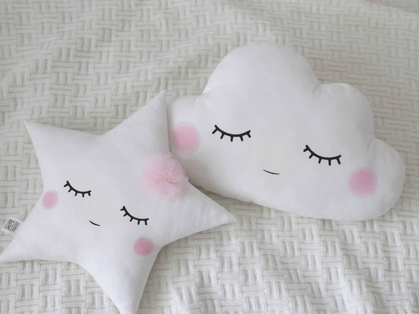 Set of 2 White Pillows - Cloud Pillow and Star Pillow with Tulle Flower