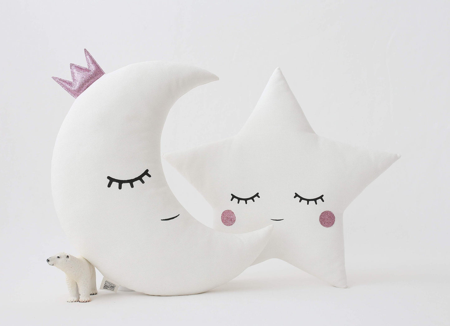 Set of 2 White Pillows - Crescent Moon and Star Pillows with Glitter Touch (5 colors)