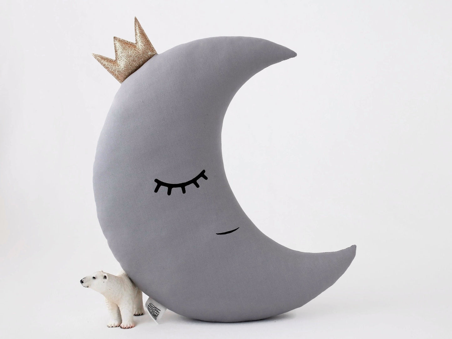 Gray Crescent Moon Pillow with Crown or Star