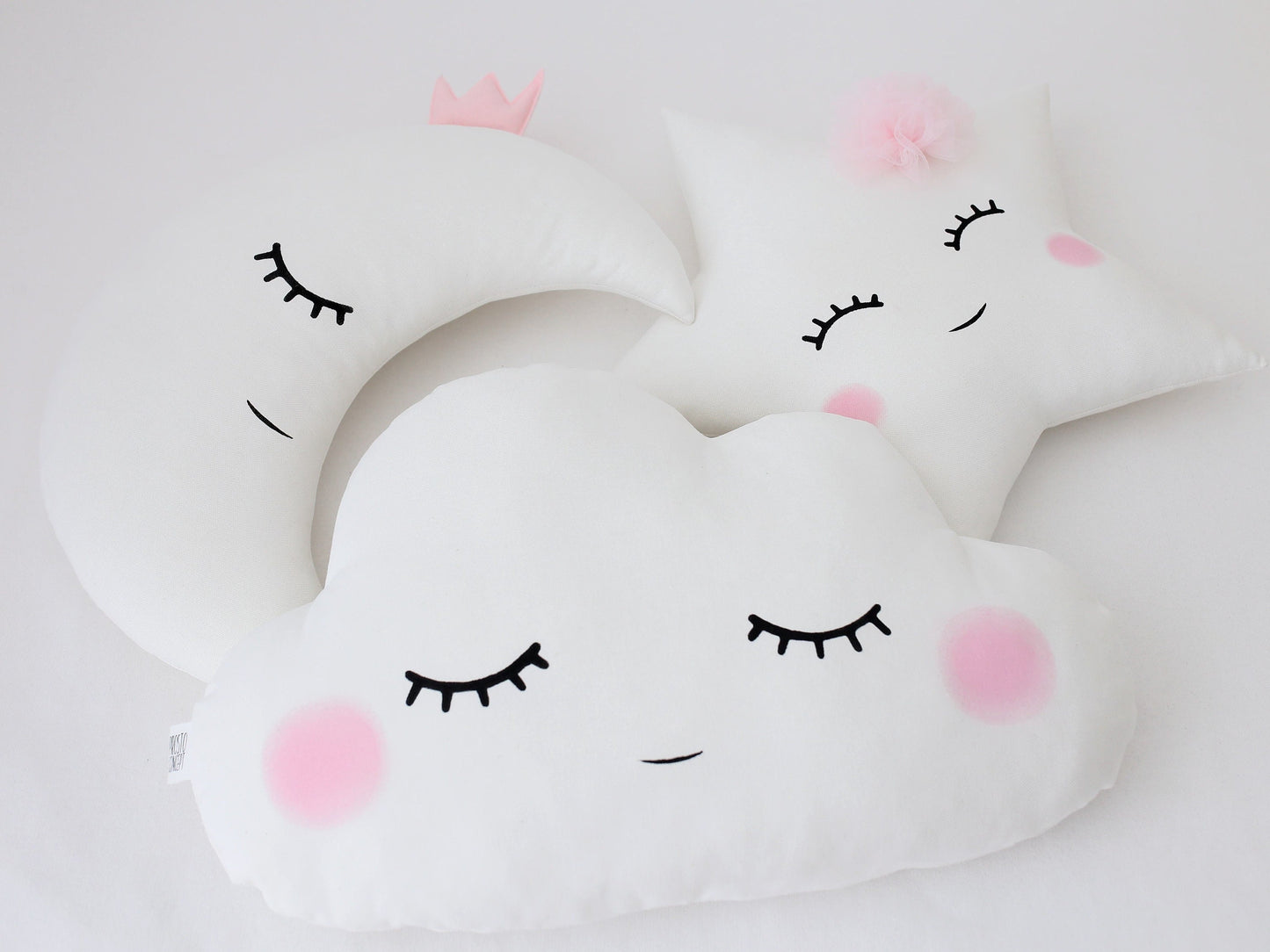 Set of 3 Pillows - Cloud (2 colors), White Crescent Moon and White Star Pillows with Pale Pink Touch