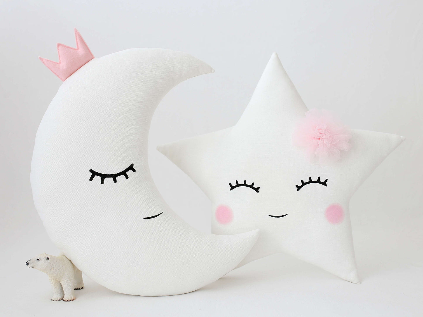 Set of 3 Pillows - Cloud (2 colors), White Crescent Moon and White Star Pillows with Pale Pink Touch