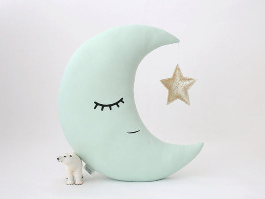 Green Mint Crescent Moon Pillow with Crown or Star