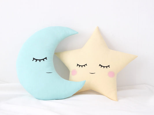 Set of 2 Pillows - Mint Crescent Moon Pillow and Pastel Yellow Star Pillow