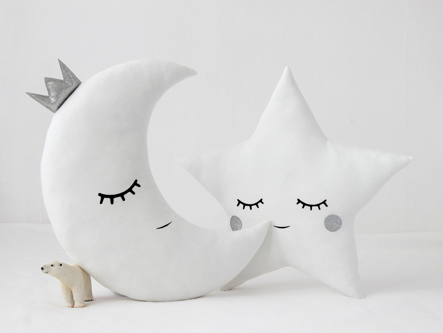 Set of 2 White Pillows - Crescent Moon and Star Pillows with Silver Touch