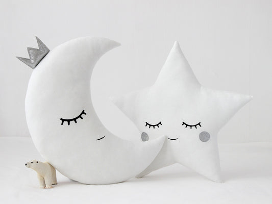 Set of 2 White Pillows - Crescent Moon and Star Pillows with Silver Touch