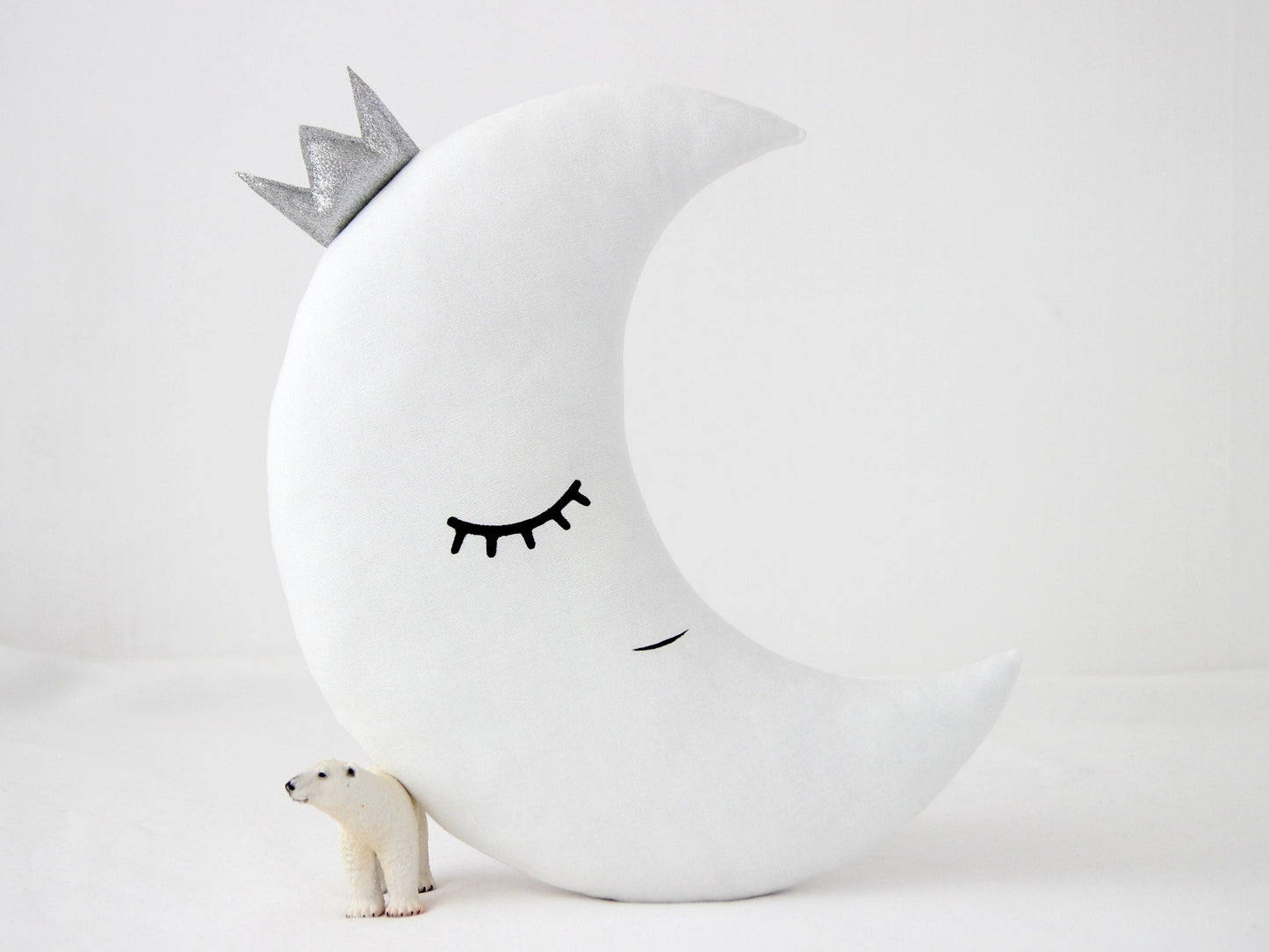 White crescent moon throw pillow, silver accent – nursery decor; white star throw pillow, silver accent – nursery decor.