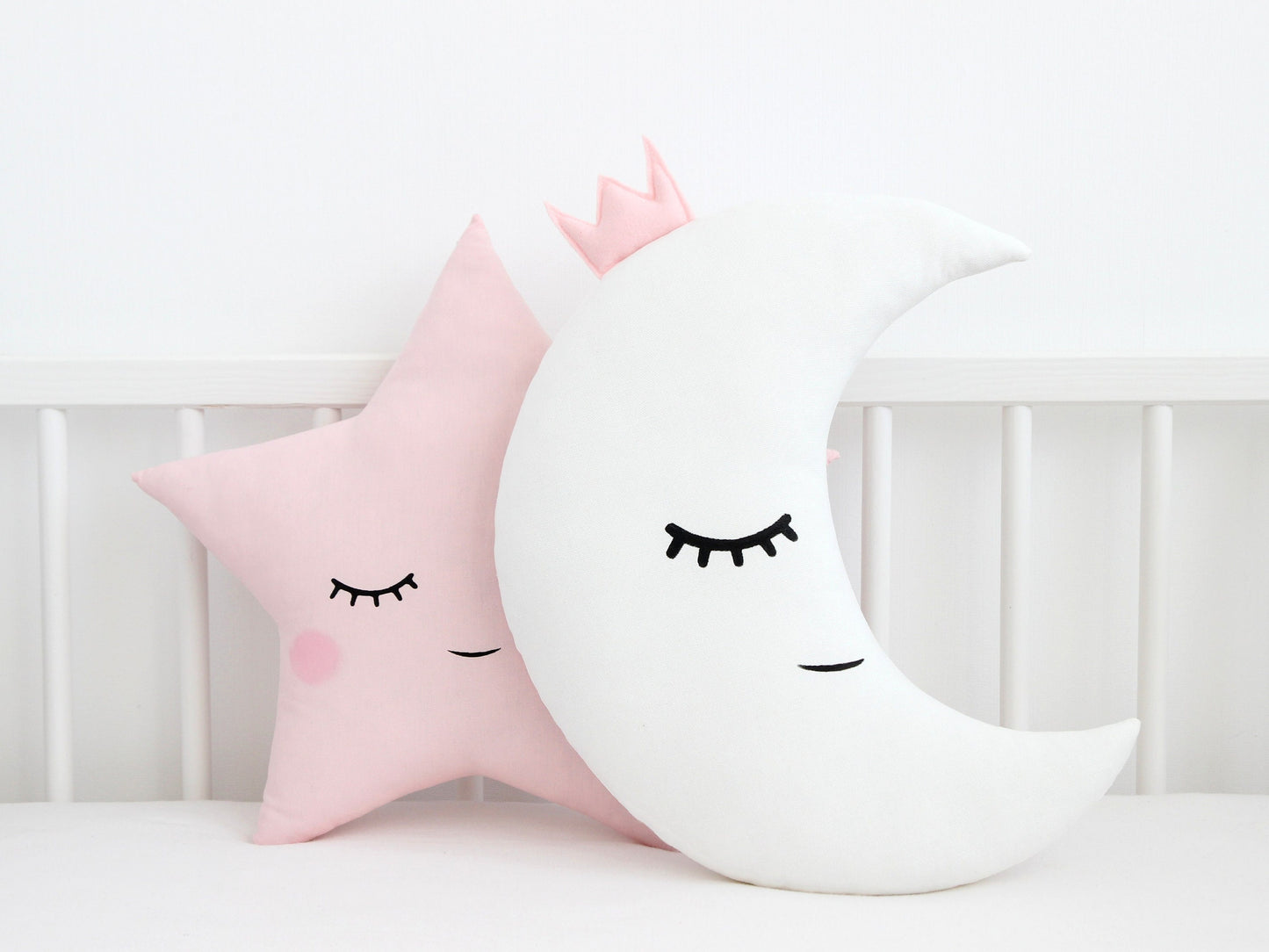 Set of 2 Pillows - White Crescent Moon Pillow and Pale Pink Star Pillow
