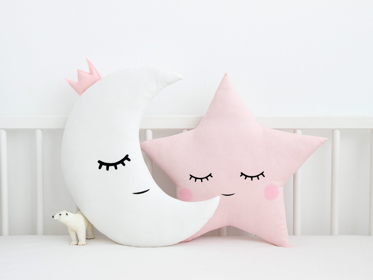 Set of 2 Pillows - White Crescent Moon Pillow and Pale Pink Star Pillow