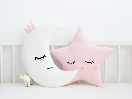 Set of 2 Pillows - White Crescent Moon Pillow and Pale Pink Star Pillow