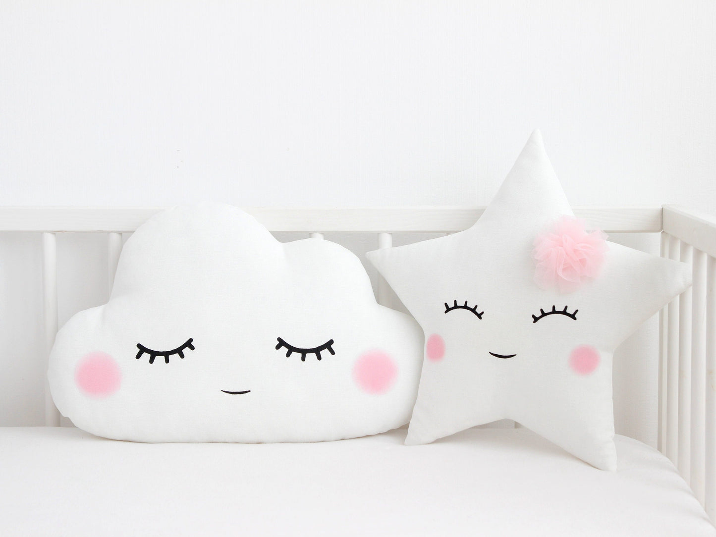 Set of 3 Pillows - Cloud (2 colors), White Crescent Moon and White Star Pillows with Pale Pink Touch