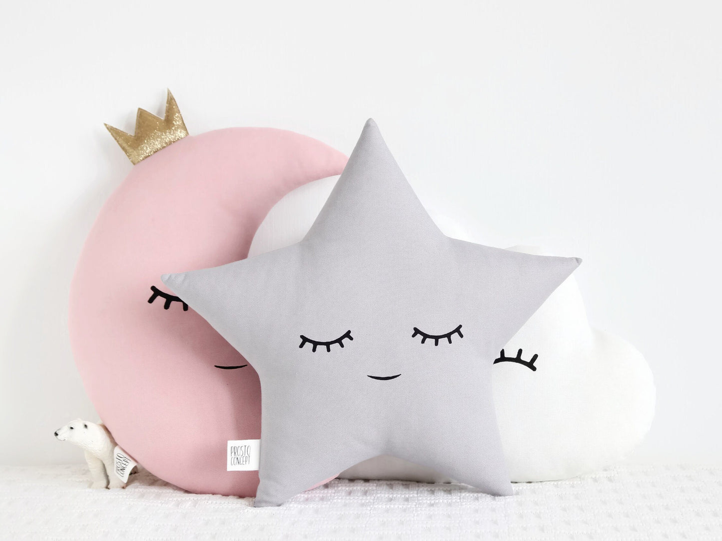Set of 3 Pillows - White Cloud, Pale Pink Crescent Moon and Light Gray Star Pillows
