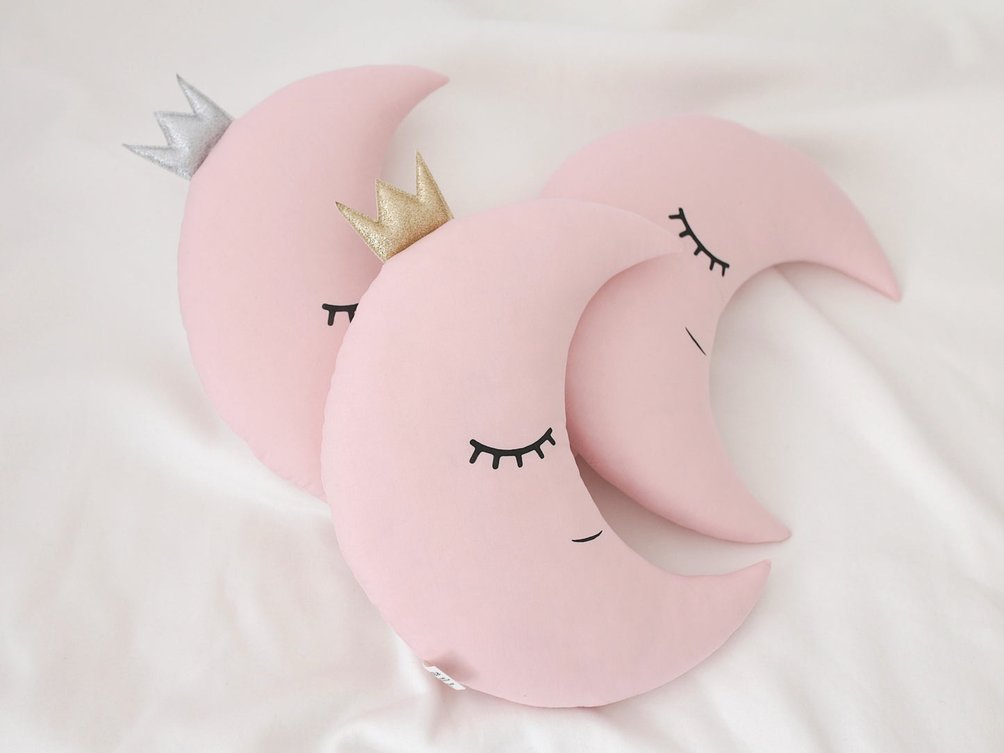 Set of 3 Pillows - White Cloud, Pale Pink Crescent Moon and Green Mint Star Pillows