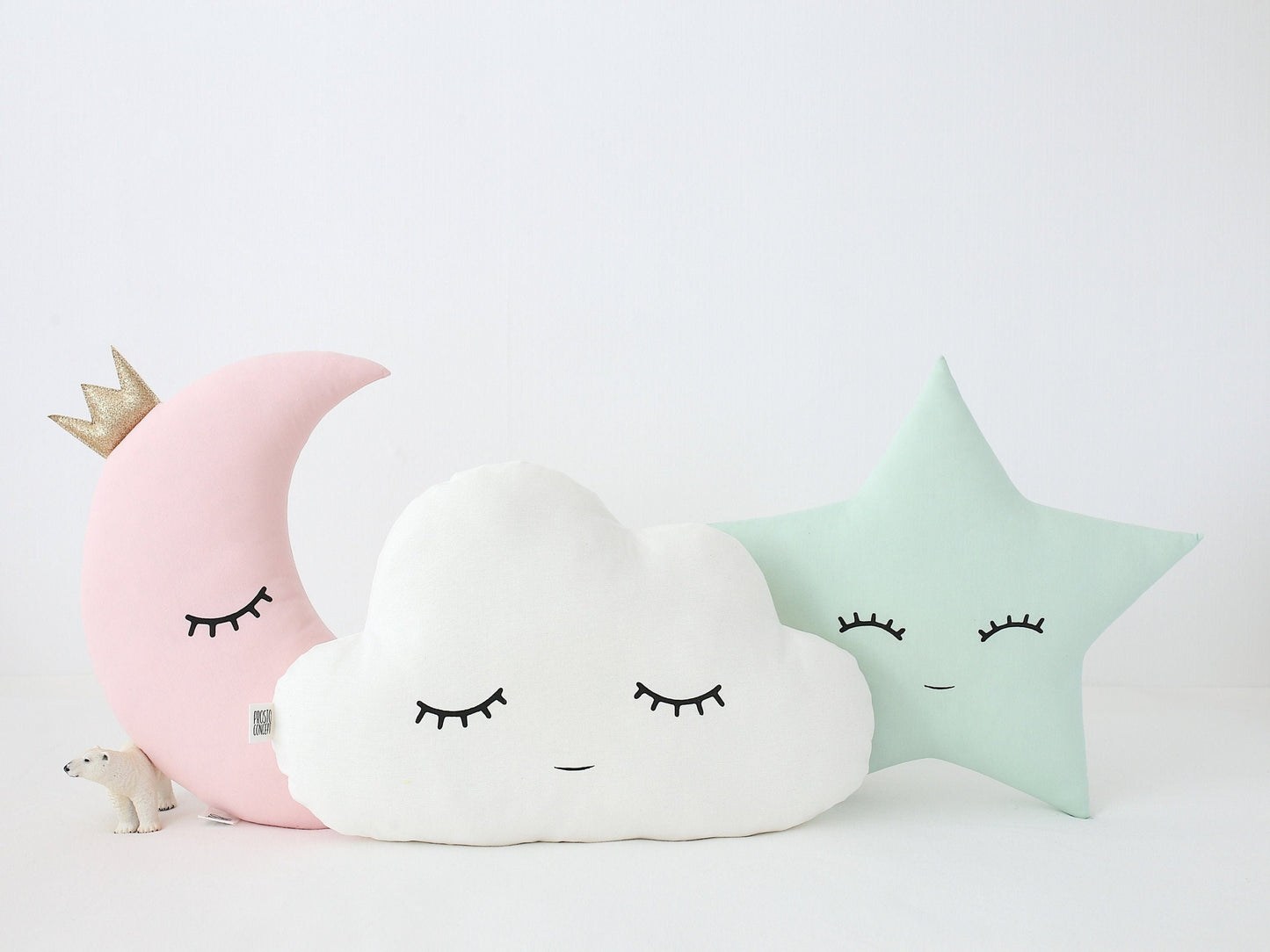 Set of 3 Pillows - White Cloud, Pale Pink Crescent Moon and Green Mint Star Pillows