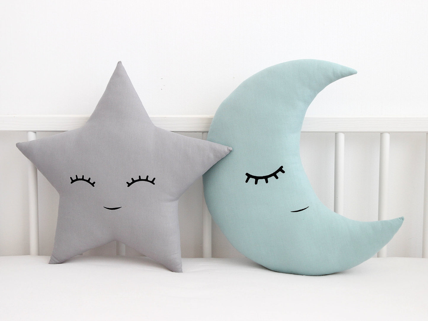 Set of 2 Pillows - Gray Star Pillow and Dusty Mint Crescent Moon Pillow