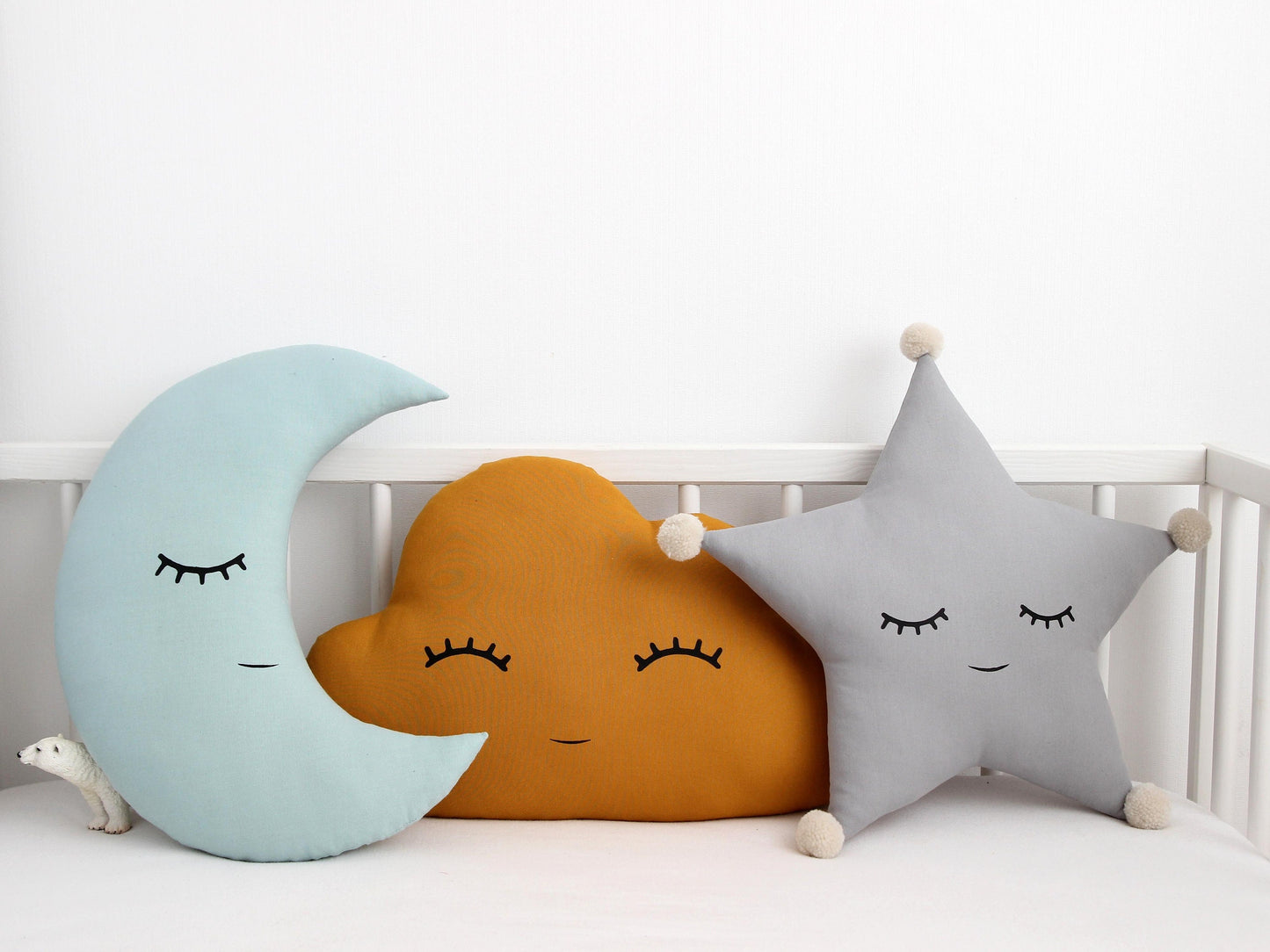 Set of 3 Pillows - Mustard Cloud, Crescent Moon (2 colors) and Gray Star Pillows