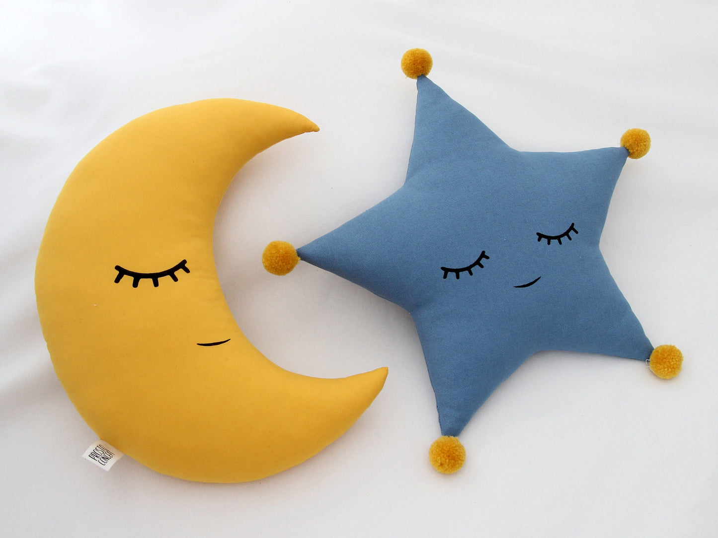 Set of 2 Pillows - Mustard Crescent Moon Pillow and Blue Star Pillow