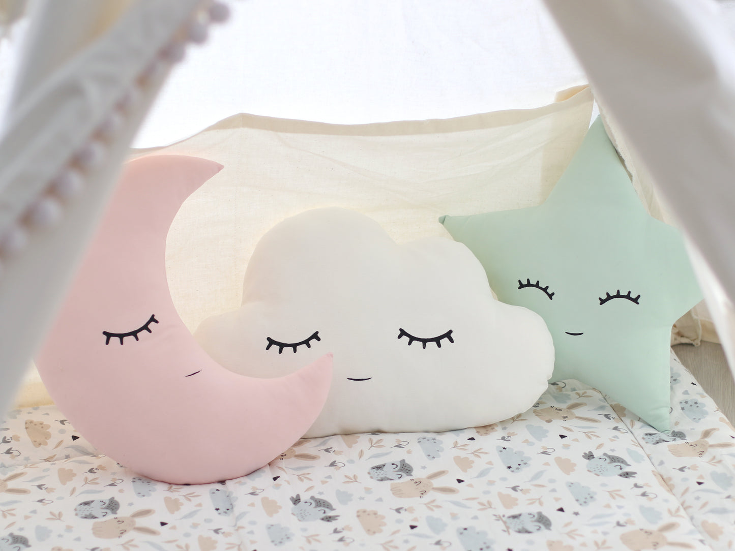 Set of 3 Pillows - White Cloud, Pale Pink Crescent Moon and Green Mint Star Pillows