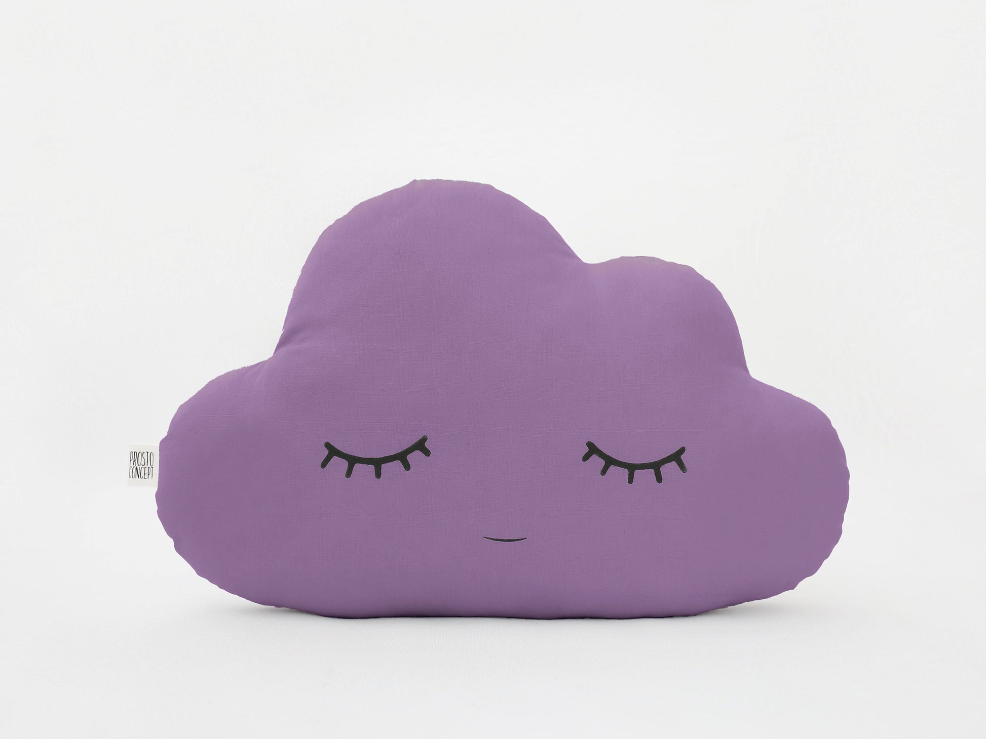 Purple cloud-shaped throw pillow, closed eyes and small smile – plain white background.