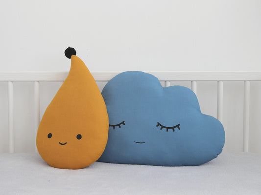 Set of 2 Pillows - Petrol Blue Cloud Pillow and Mustard Raindrop Pillow