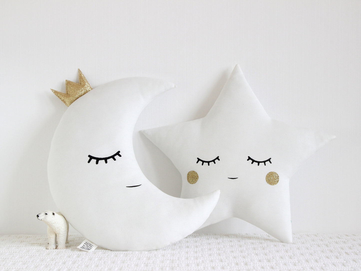 Set of 2 White Pillows - Crescent Moon and Star Pillows with Glitter Touch (5 colors)