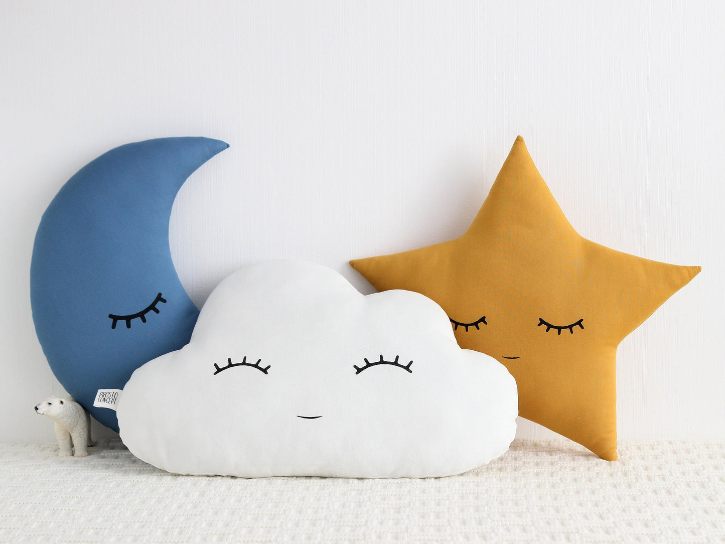 Set of 3 Pillows - White Cloud, Petrol Blue Crescent Moon and Mustard Star Pillows