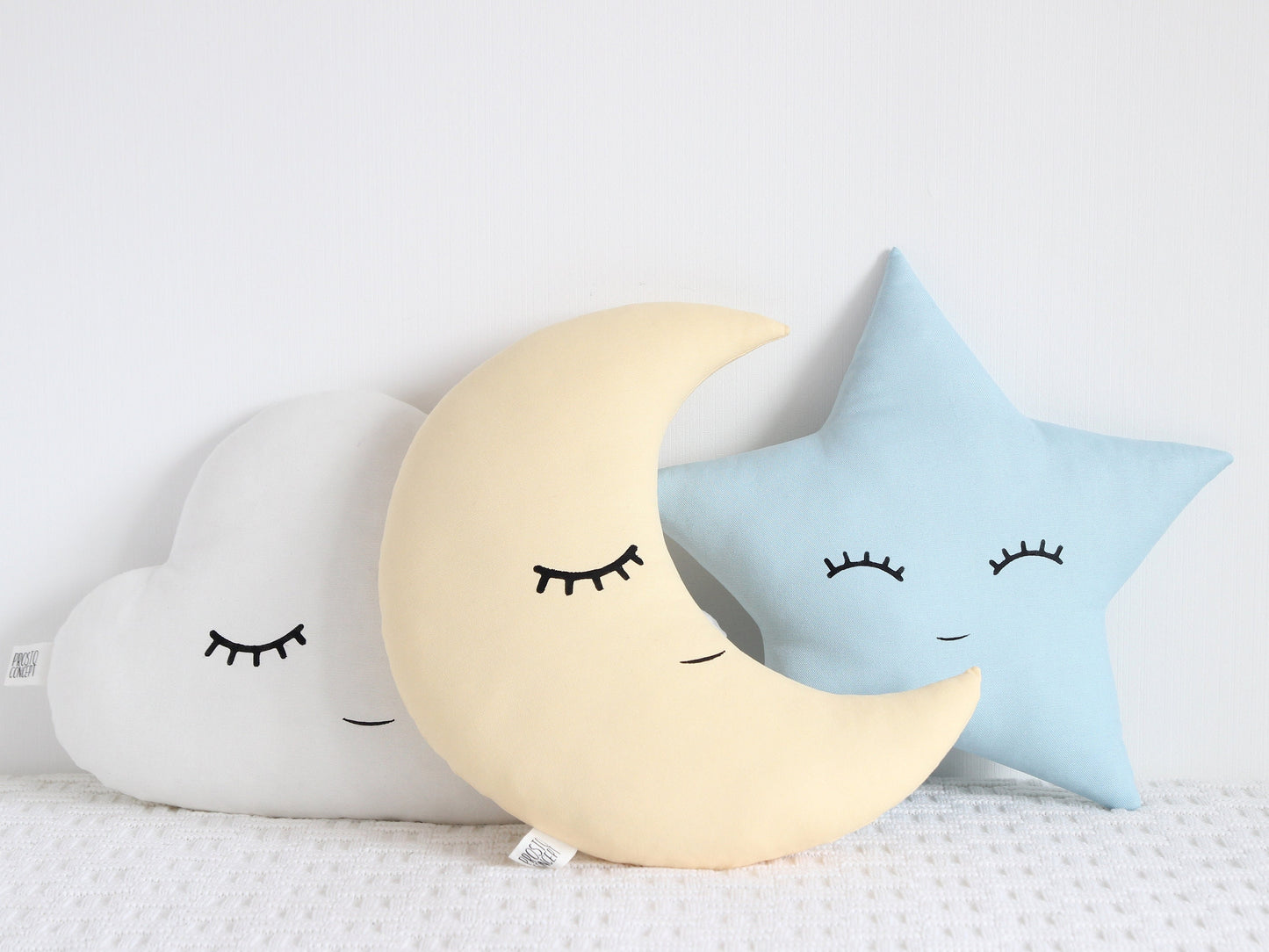 Set of 3 Pillows - White Cloud, Pastel Yellow Crescent Moon And Light Blue Star Pillows