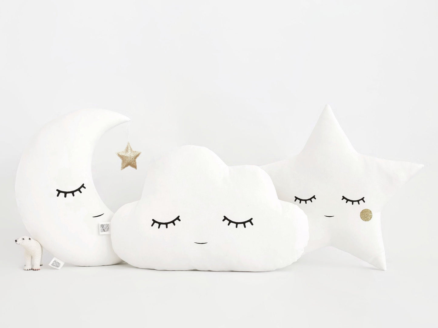 Set of 3 White Pillows - Cloud, Crescent Moon and Star Pillows with Golden Touch