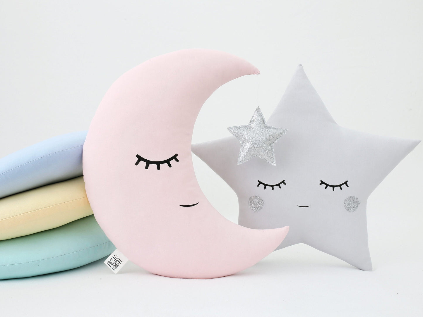 Set of 2 Pillows - Crescent Moon Pillow (4 colors) with Star and Light Gray Star Pillow