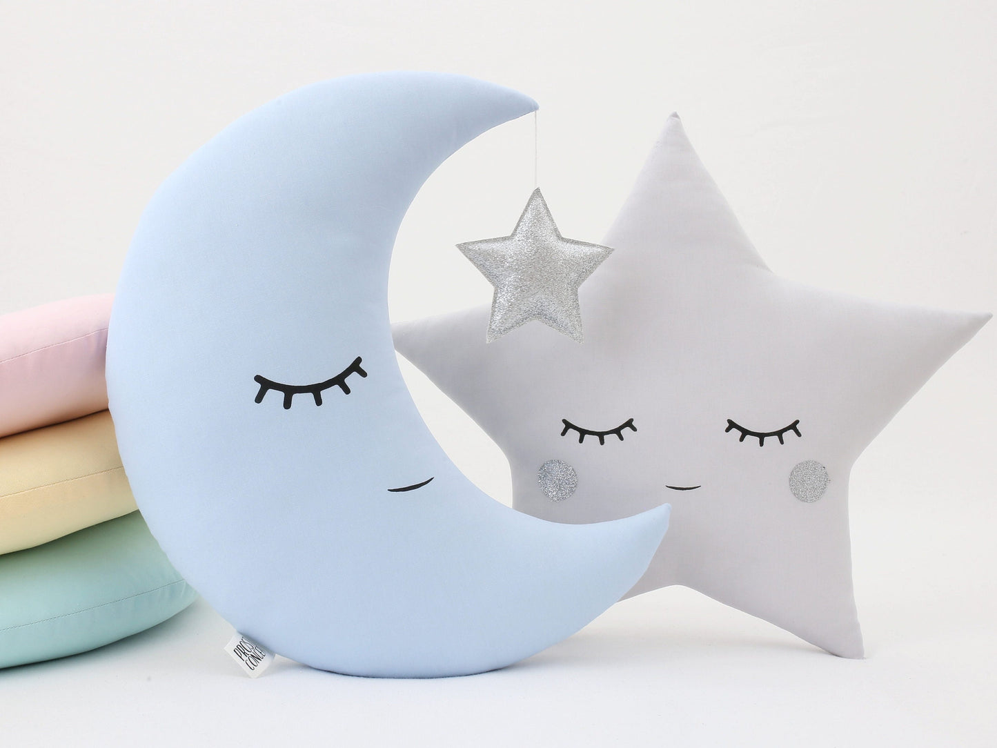 Set of 2 Pillows - Crescent Moon Pillow (4 colors) with Star and Light Gray Star Pillow