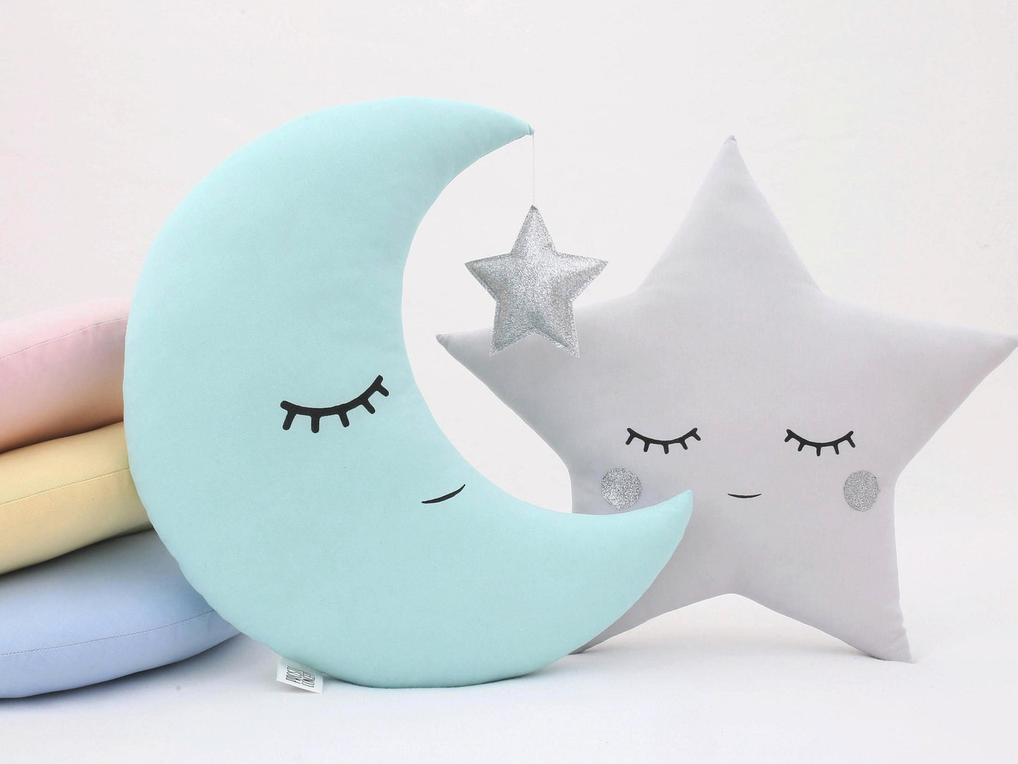 Set of 2 Pillows - Crescent Moon Pillow (4 colors) with Star and Light Gray Star Pillow