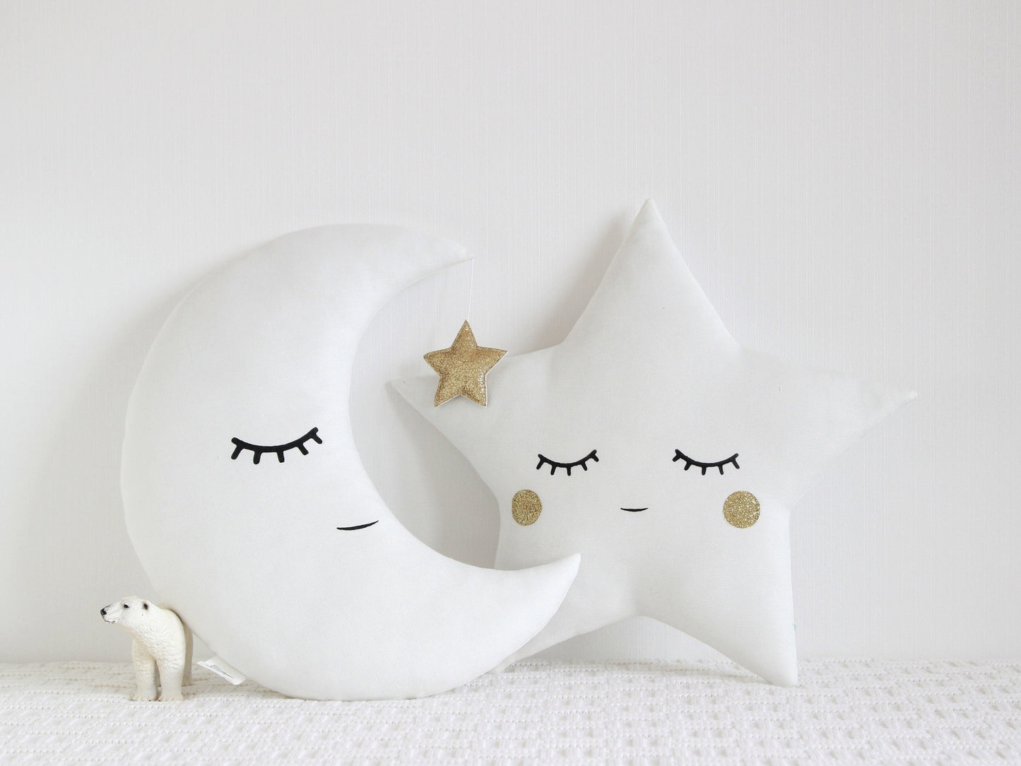 Set of 3 White Pillows - Cloud, Crescent Moon and Star Pillows with Golden Touch