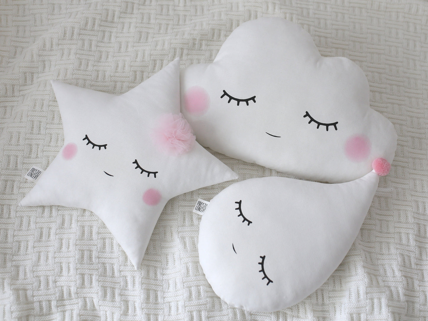 Set of 2 White Pillows - Cloud Pillow and Star Pillow with Tulle Flower