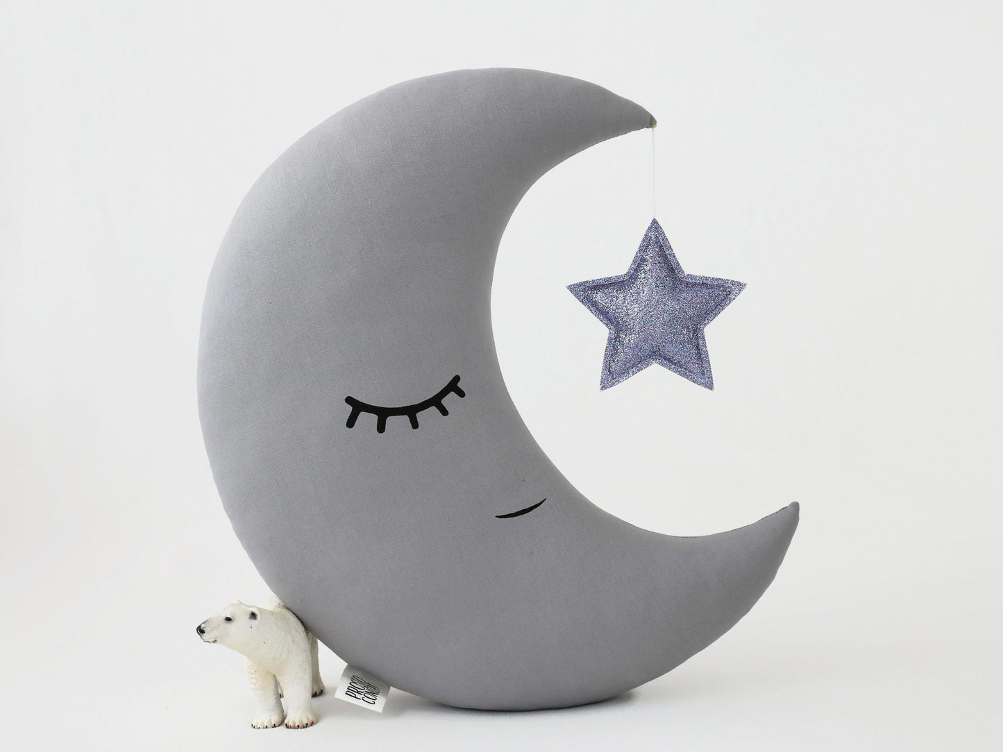 Gray Crescent Moon Pillow with Crown or Star