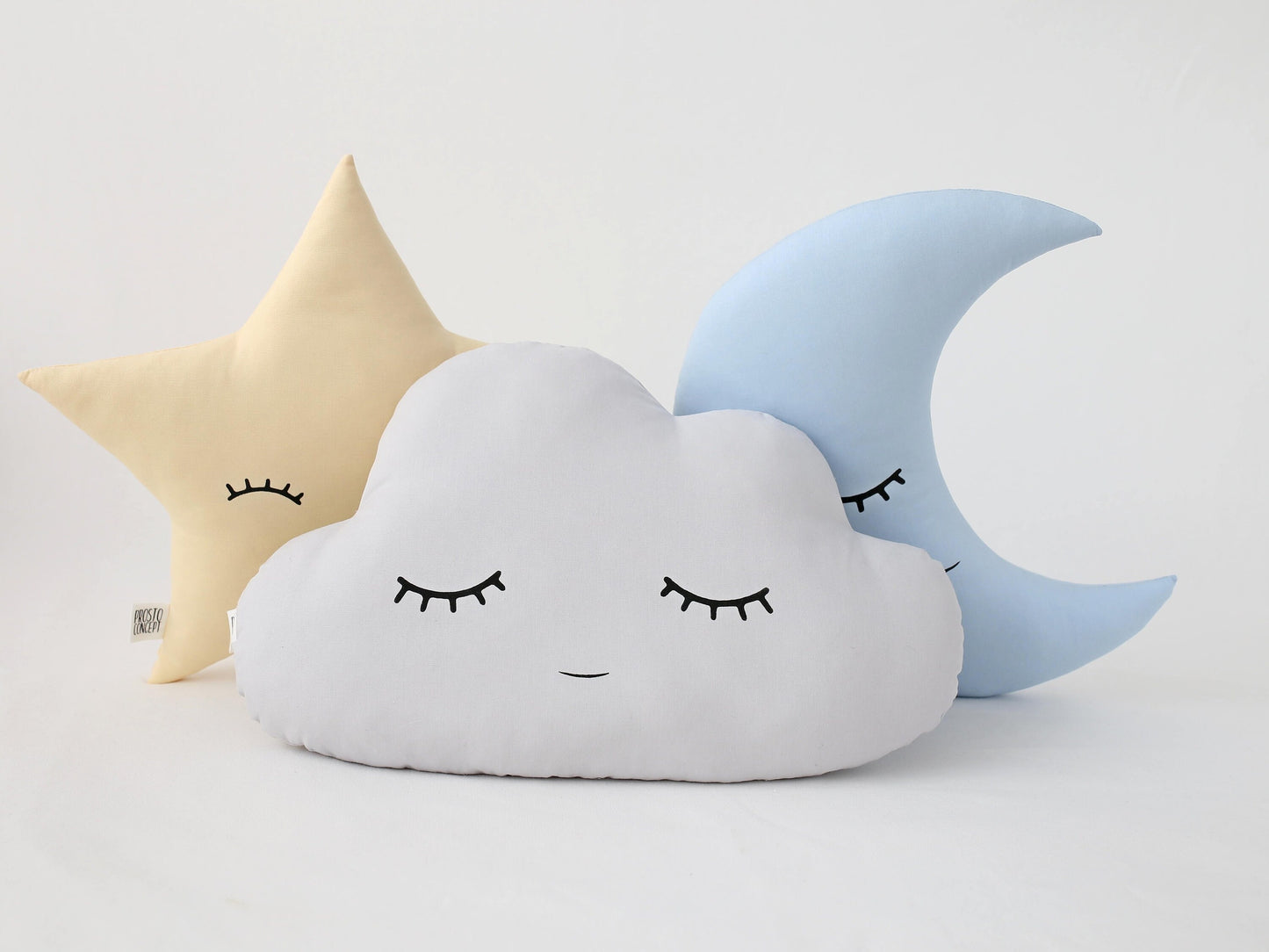 Set of 3 Pillows - Light Gray Cloud, Baby Blue Moon and Pastel Yellow Star Pillows