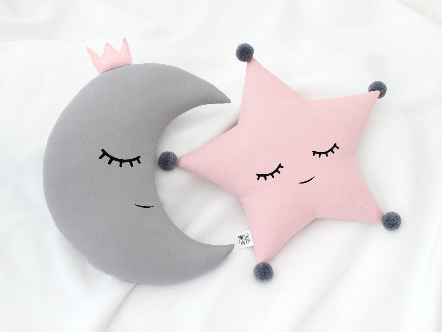 Set of 2 Pillows - Gray Crescent Moon Pillow and Pink Star Pillow